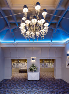 Large chandelier in the entrance foyer to The Lakeside Suite at mercure gloucester bowden hall hotel