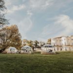 VIPods in the evening with trees and the Mercure Gloucester Bowden Hall Hotel in the background