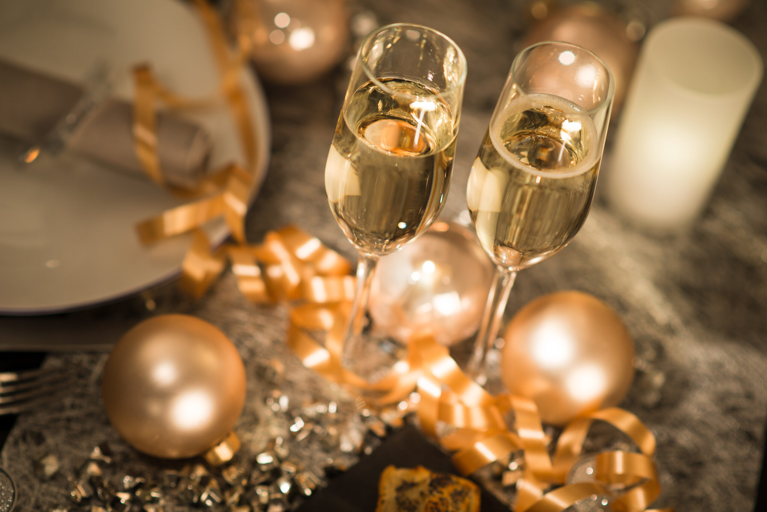 New,Years,Eve,Party,Table,With,Champagne,Flute,Ribbon,And Work colleges partying